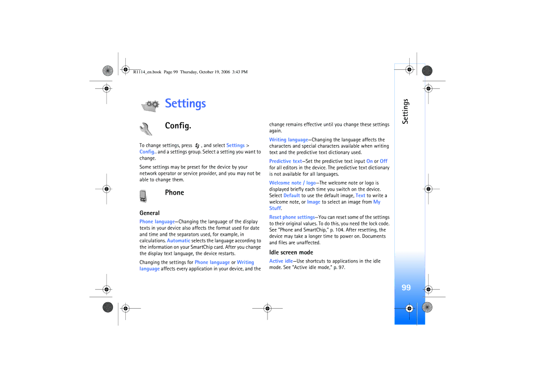 Nokia N75 manual Settings, Config, Phone, General, Idle screen mode 