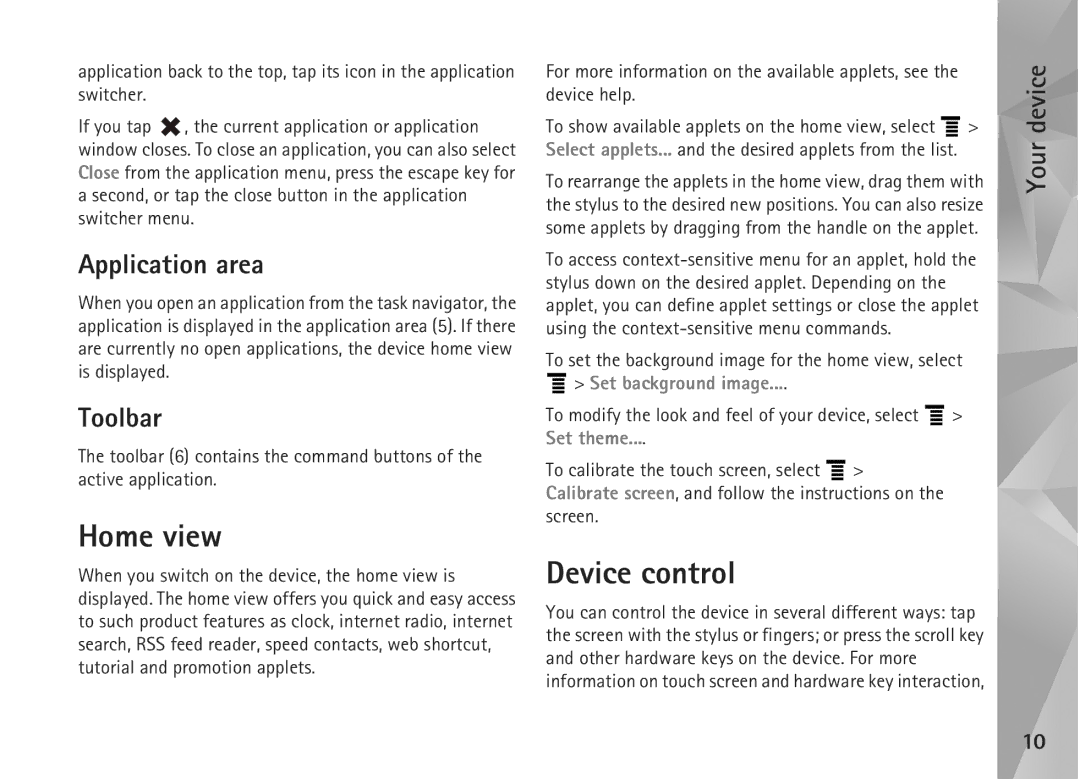 Nokia N800, N810 manual Home view, Device control, Application area, Toolbar 