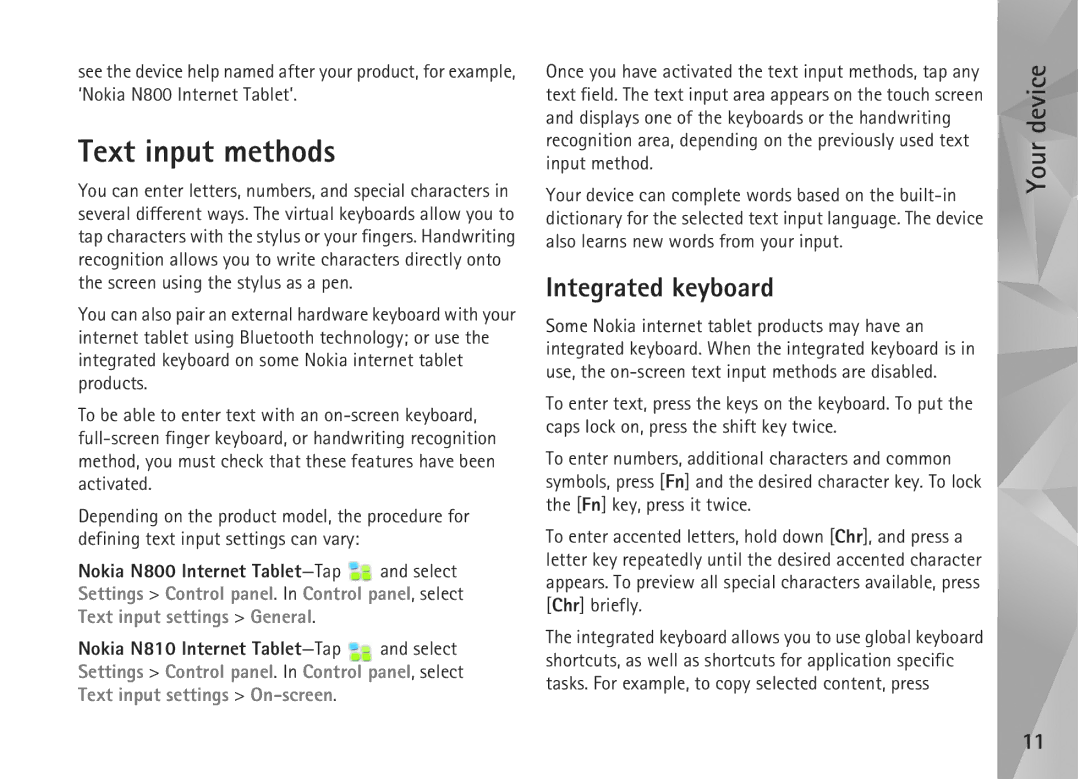 Nokia N810, N800 manual Text input methods, Integrated keyboard 