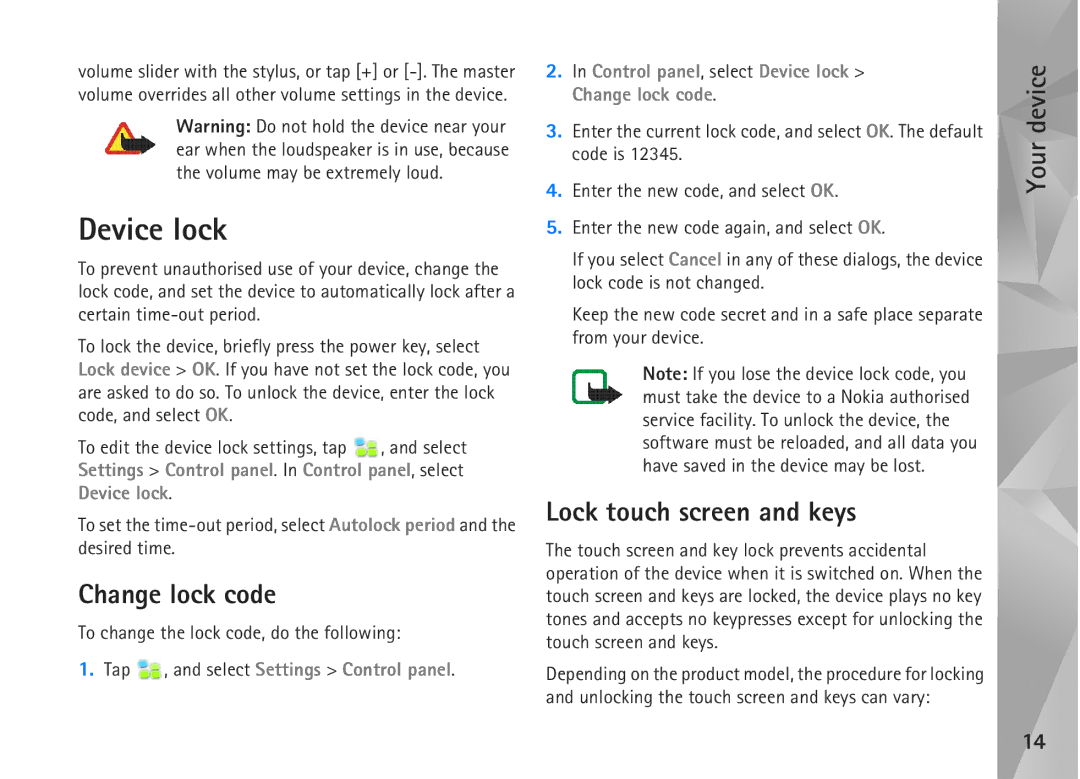 Nokia N800, N810 manual Device lock, Change lock code, Lock touch screen and keys, To change the lock code, do the following 