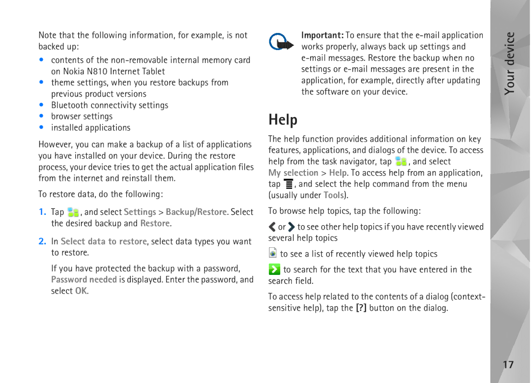 Nokia N810, N800 manual Help, To restore data, do the following 