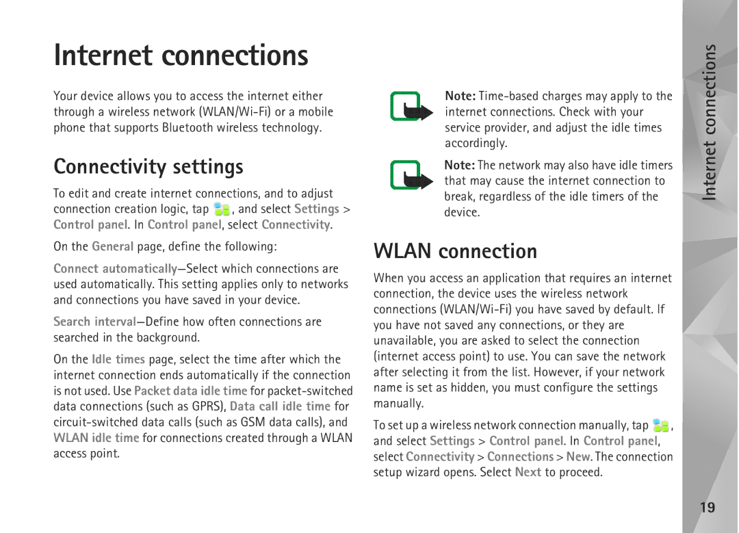 Nokia N810, N800 Internet connections, Connectivity settings, Wlan connection, On the General page, define the following 