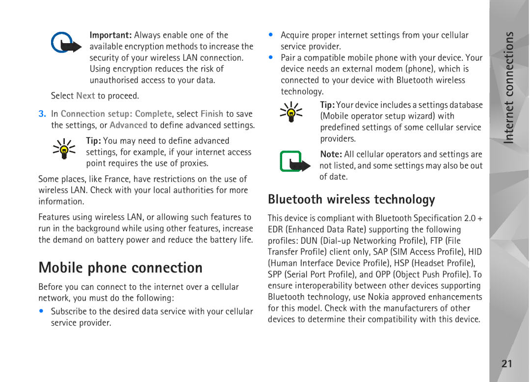 Nokia N810, N800 manual Mobile phone connection, Bluetooth wireless technology, Select Next to proceed 