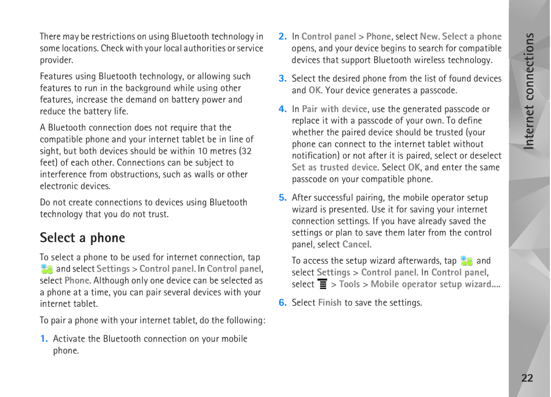 Nokia N800, N810 manual Select a phone, Internet tablet, Activate the Bluetooth connection on your mobile phone 