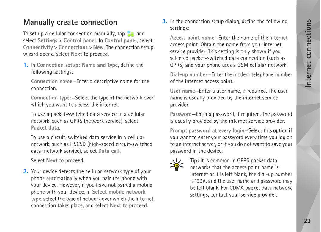 Nokia N810, N800 manual Manually create connection, Connection setup dialog, define the following settings 