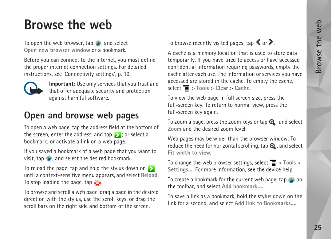Nokia N810, N800 manual Browse the web, Open and browse web pages, To browse recently visited pages, tap or 
