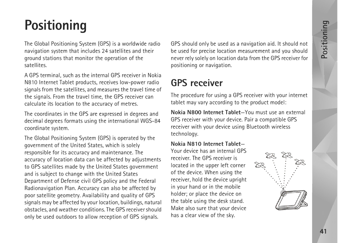 Nokia N810, N800 manual Positioning, GPS receiver 