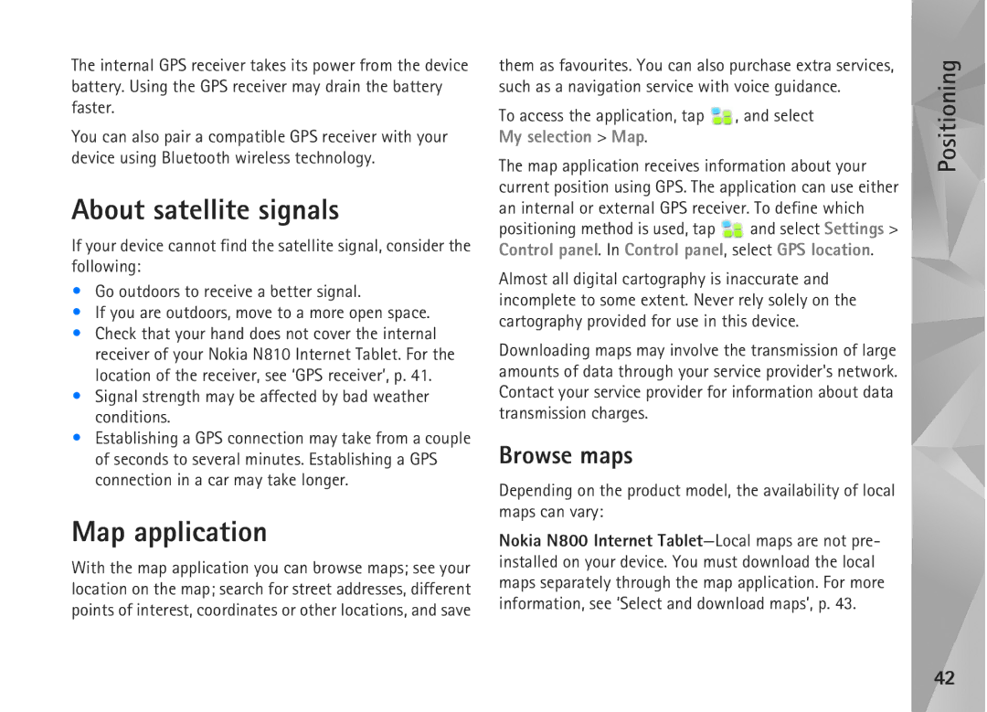 Nokia N800, N810 manual About satellite signals, Map application, Browse maps 