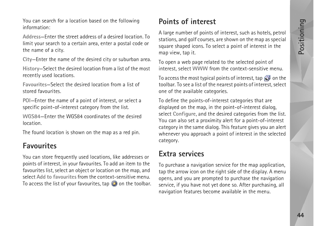 Nokia N800, N810 manual Favourites, Points of interest, Extra services 