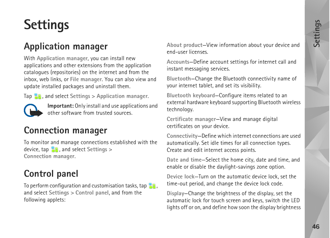 Nokia N800, N810 manual Settings, Application manager, Connection manager, Control panel 