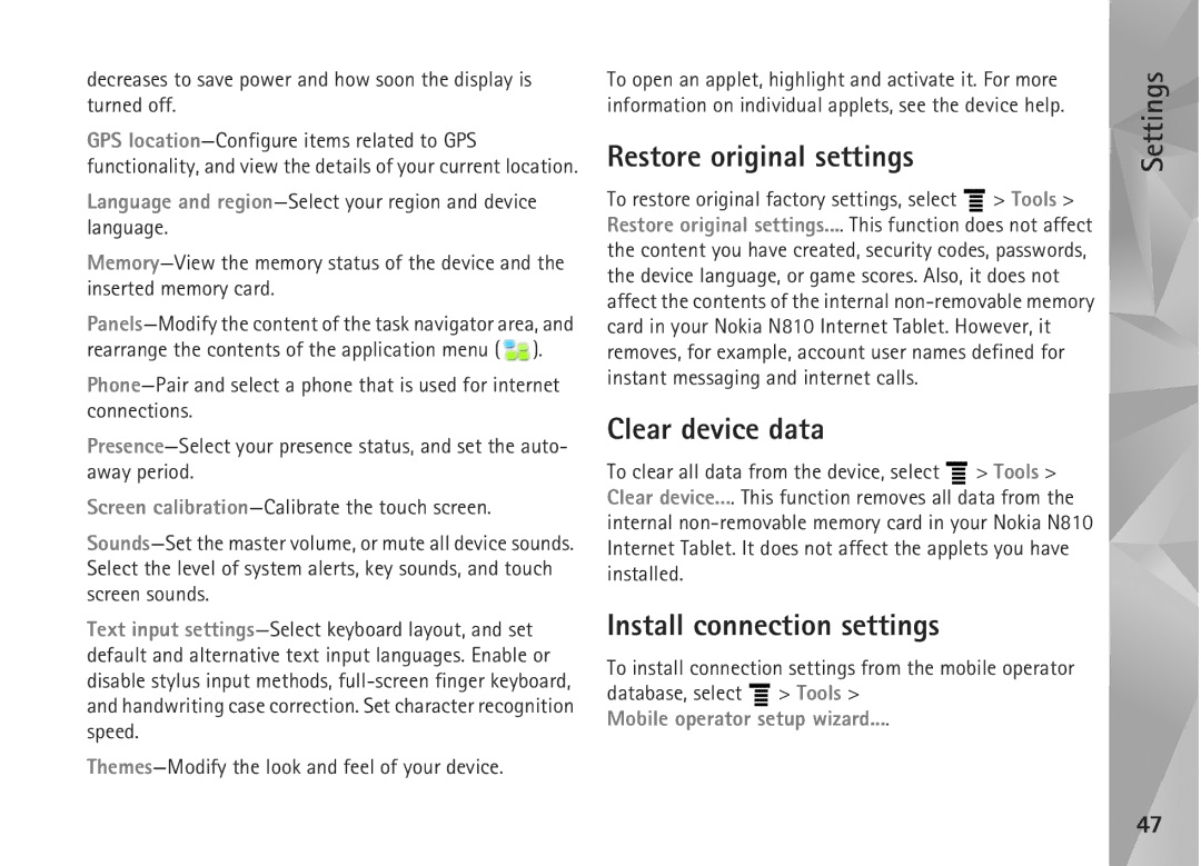 Nokia N810, N800 manual Restore original settings, Clear device data, Install connection settings 