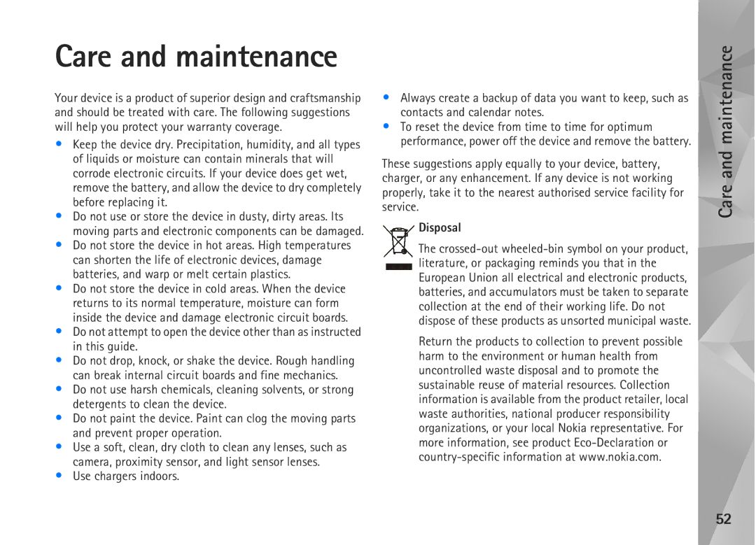 Nokia N800, N810 manual Care and maintenance 