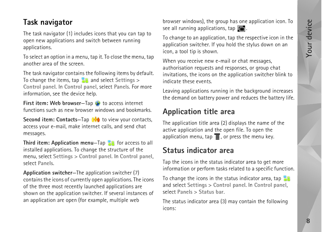 Nokia N800, N810 manual Application title area, Status indicator area 