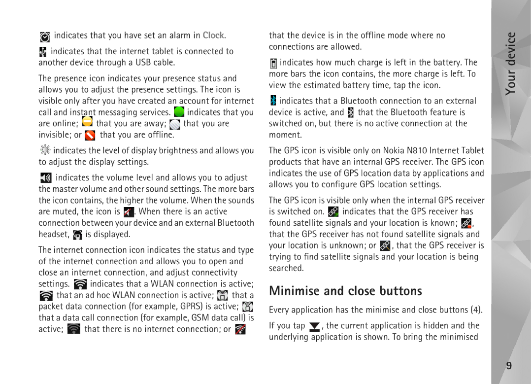 Nokia N810, N800 manual Minimise and close buttons, Settings. indicates that a Wlan connection is active 