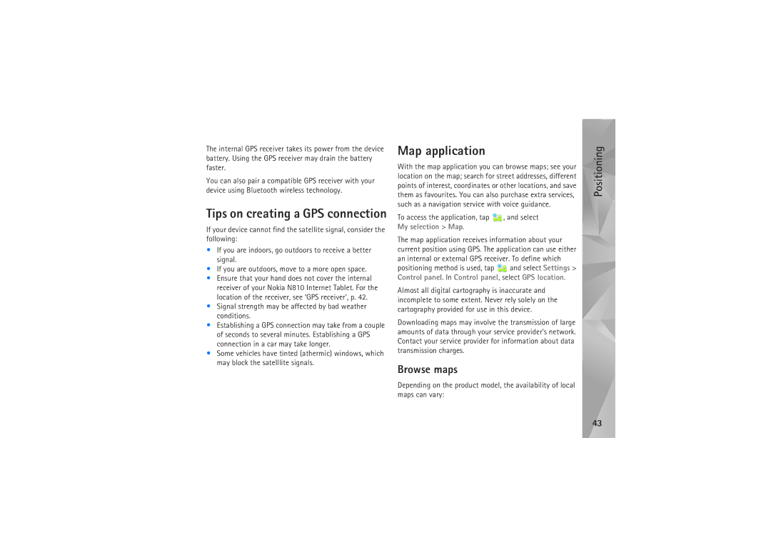 Nokia N810, N800 manual Map application, Tips on creating a GPS connection, Browse maps 