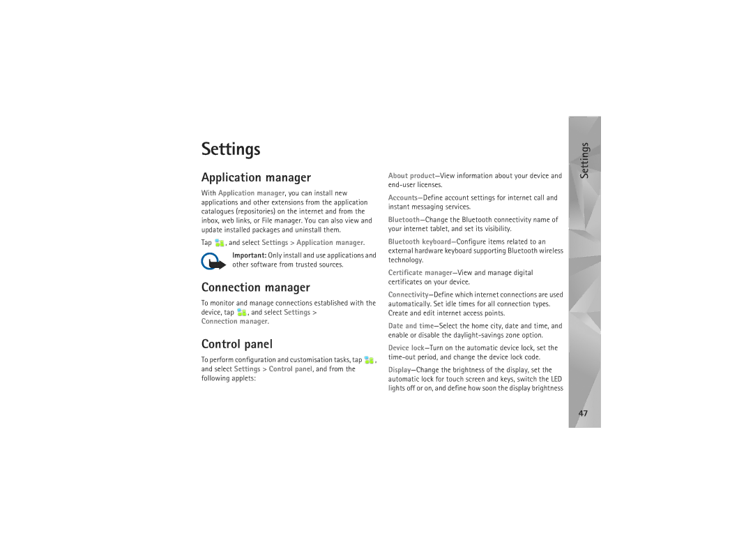 Nokia N810, N800 manual Settings, Application manager, Connection manager, Control panel 