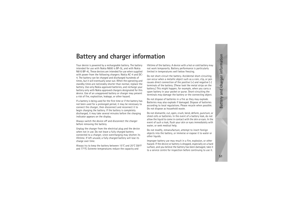 Nokia N810, N800 manual Battery and charger information 