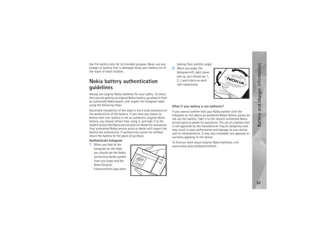 Nokia N800, N810 manual Battery and charger information, Looking from another angle 