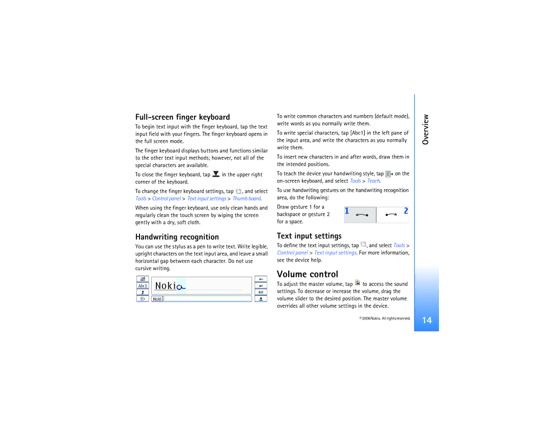 Nokia N800 manual Volume control, Full-screen finger keyboard, Overview Handwriting recognition, Text input settings 