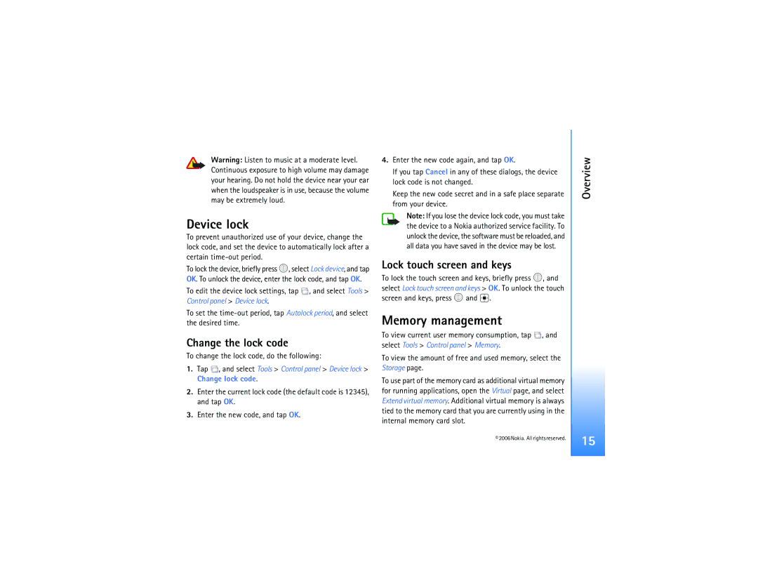 Nokia N800 manual Device lock, Memory management, Change the lock code, Lock touch screen and keys 