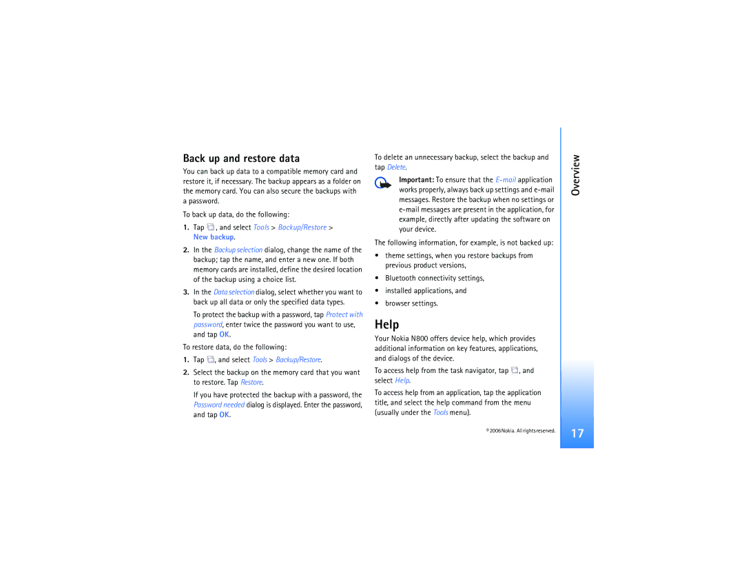 Nokia N800 manual Help, Back up and restore data 