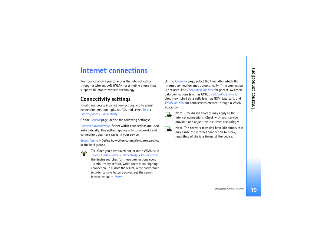 Nokia N800 manual Internet connections, Connectivity settings 