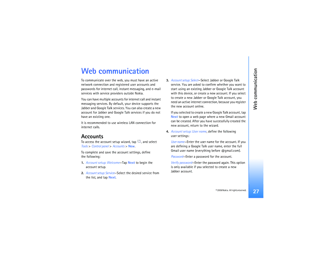 Nokia N800 manual Web communication, Accounts 