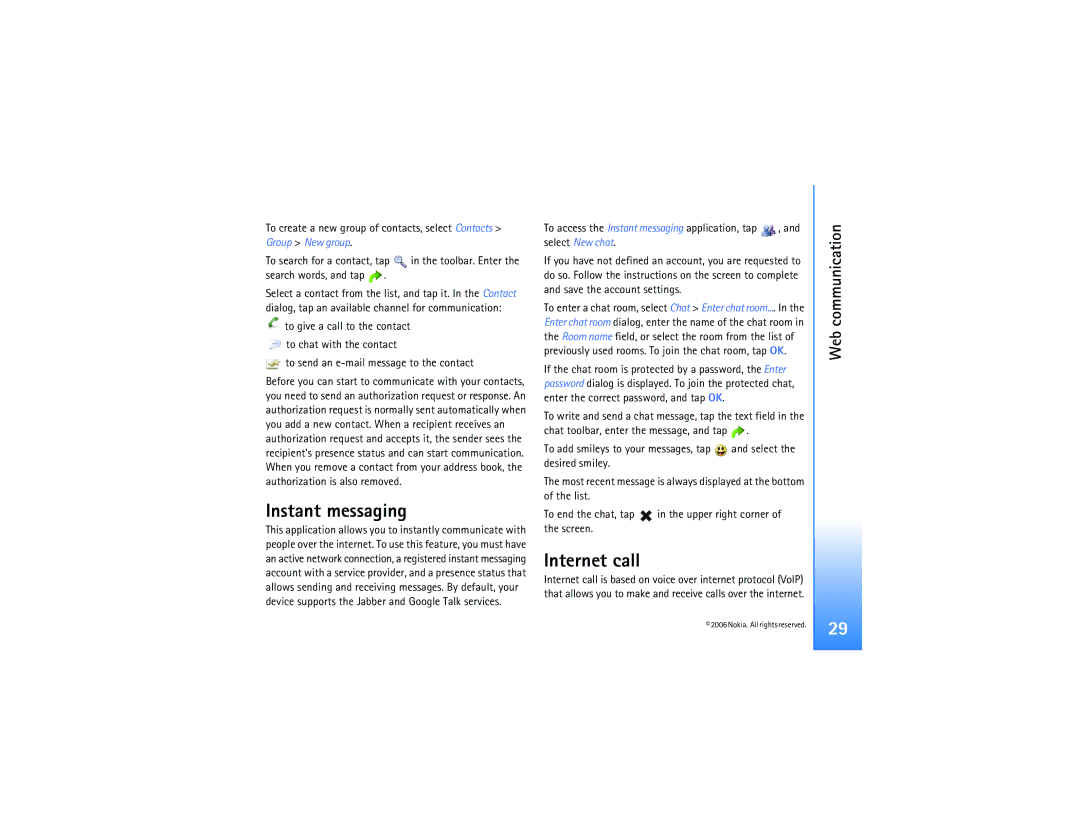 Nokia N800 manual Instant messaging, Internet call 