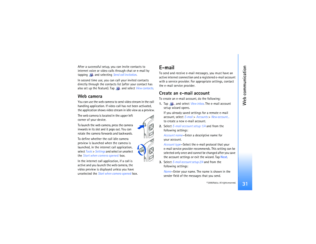 Nokia N800 manual Mail, Web camera, Create an e-mail account 