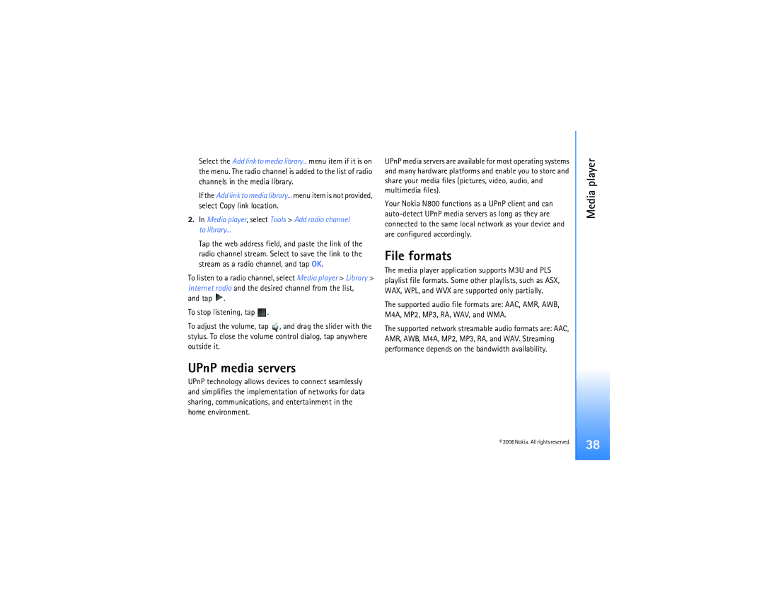 Nokia N800 manual File formats, UPnP media servers 