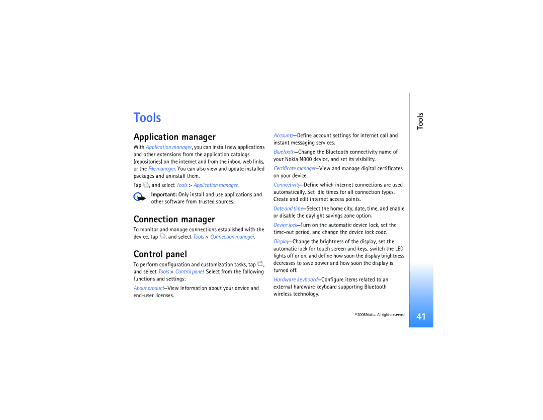 Nokia N800 manual Tools, Application manager, Connection manager, Control panel 