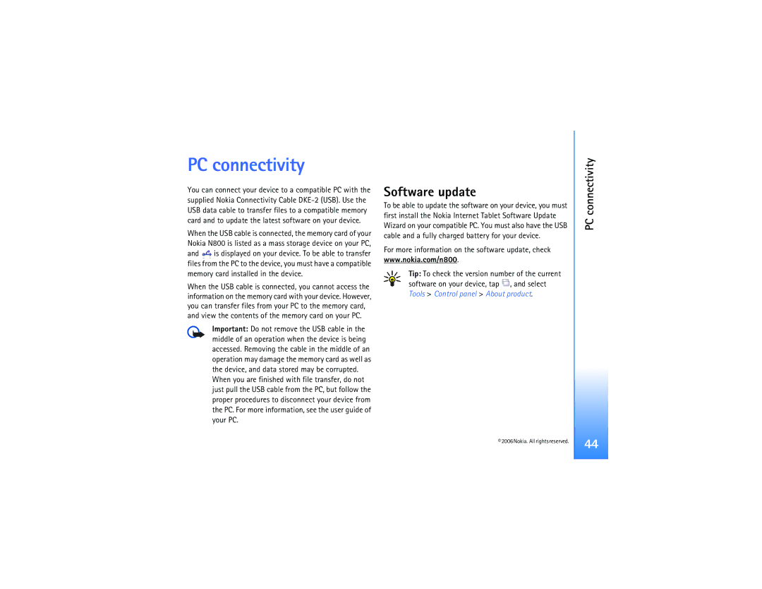 Nokia N800 manual PC connectivity, Software update 