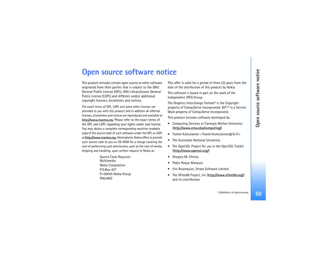 Nokia N800 manual Open source software notice, Finland 