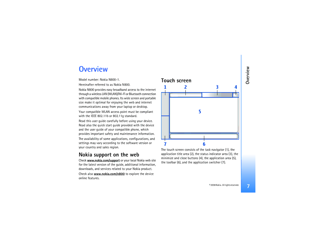 Nokia N800 manual Overview, Nokia support on the web Touch screen 