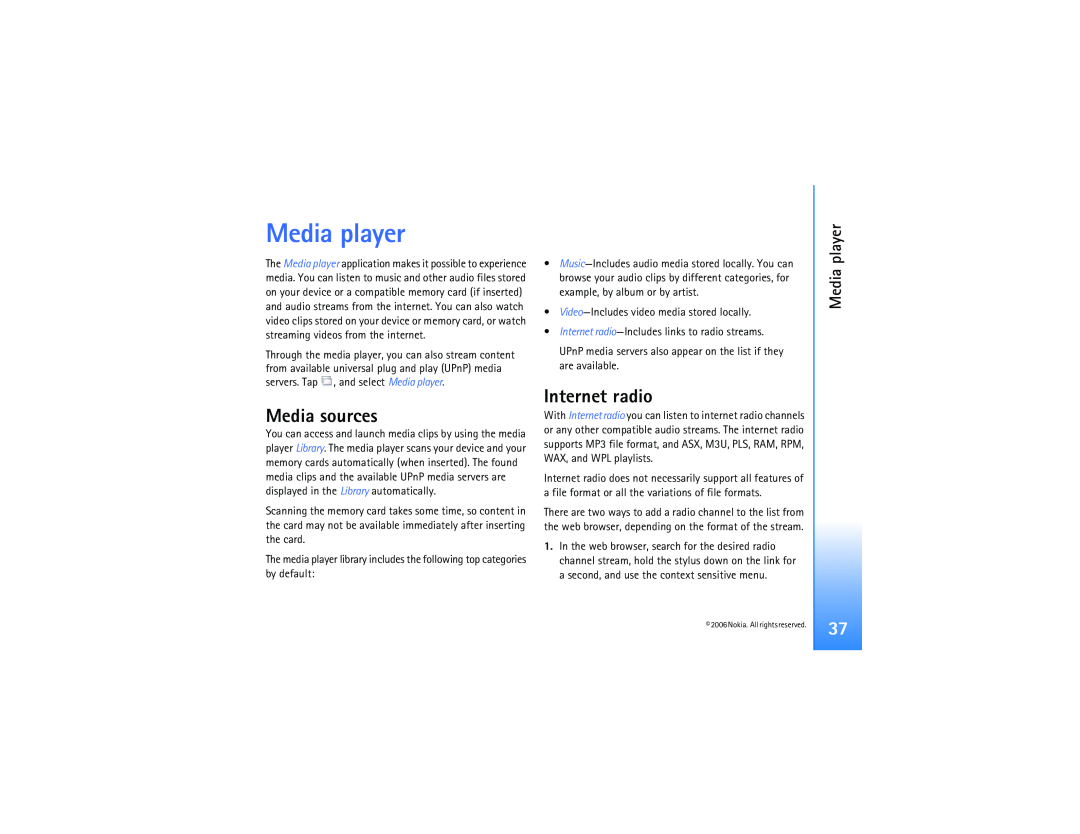 Nokia N800 manual Media player, Media sources, Internet radio 