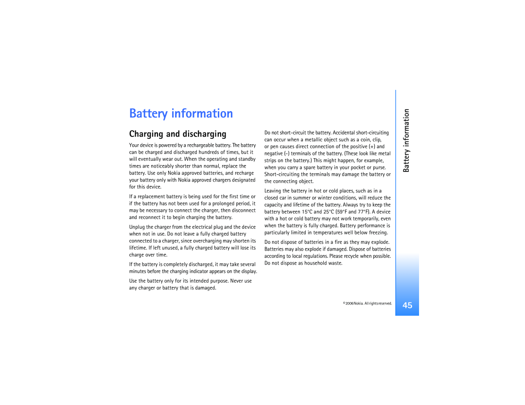 Nokia N800 manual Battery information, Charging and discharging 