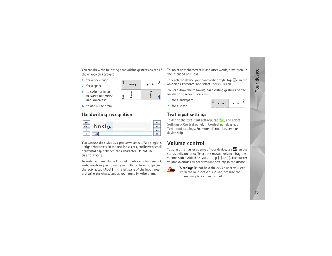 Nokia N810 manual Volume control, Handwriting recognition, Text input settings, To add a line break 