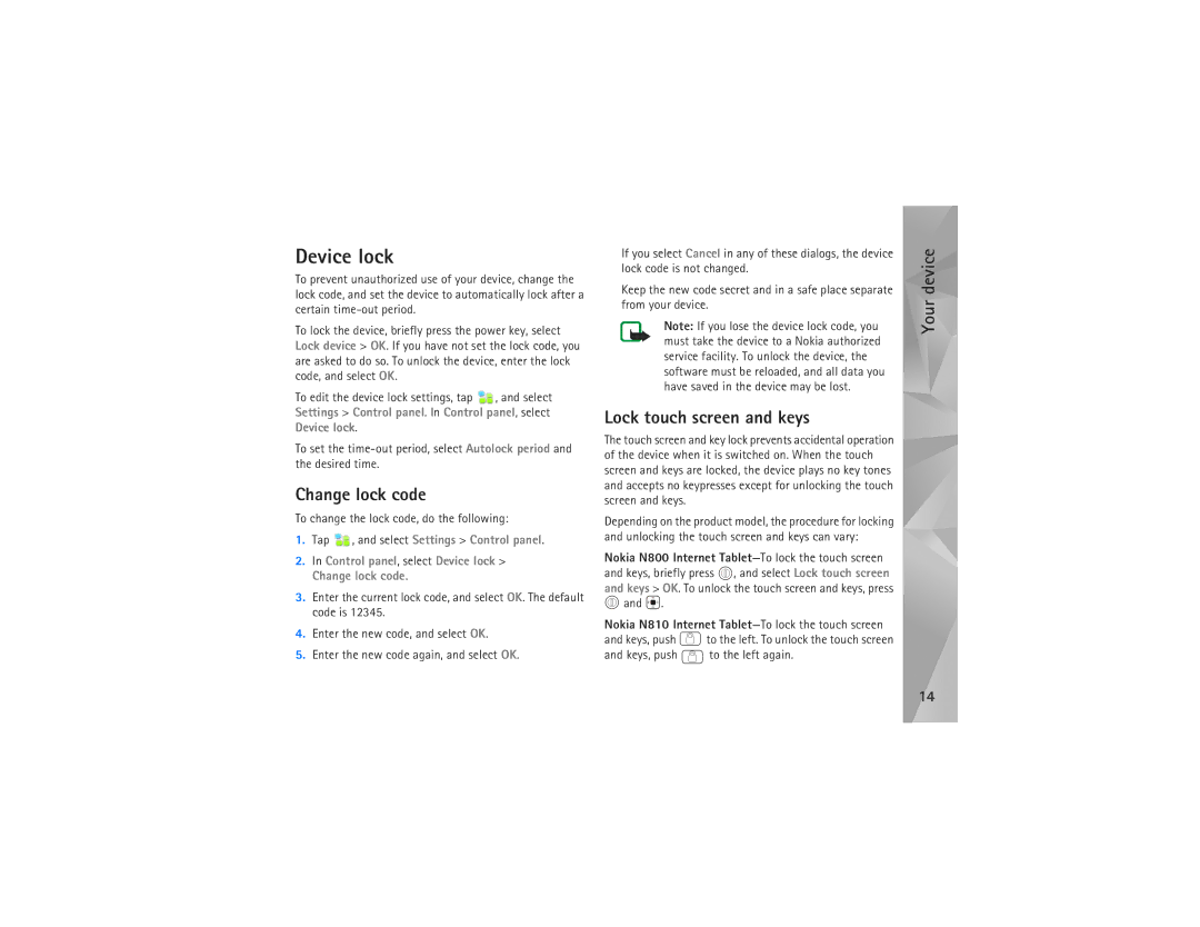 Nokia N810 manual Device lock, Change lock code, Lock touch screen and keys, To change the lock code, do the following 