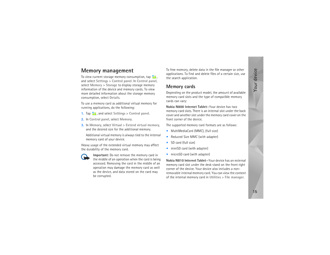 Nokia N810 manual Memory management, Memory cards 