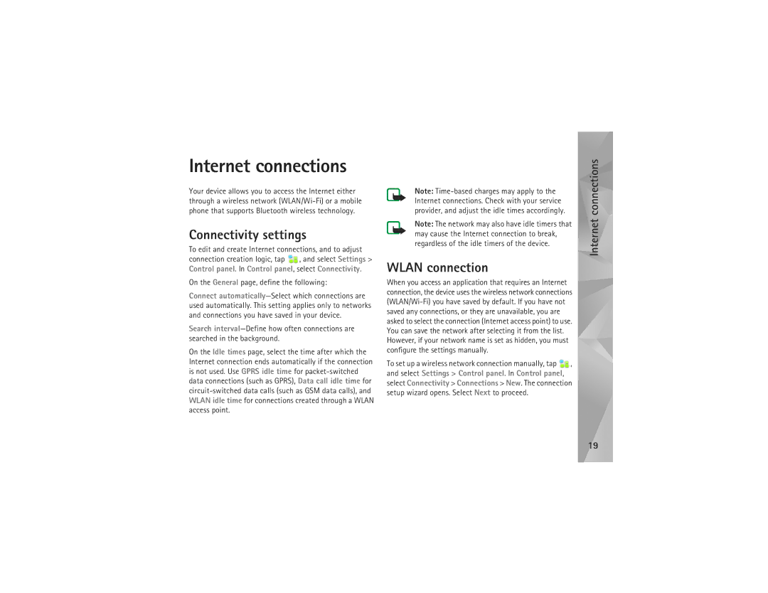 Nokia N810 manual Internet connections, Connectivity settings, Wlan connection, On the General page, define the following 