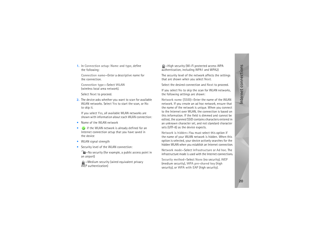 Nokia N810 manual Connection setup Name and type, define the following 