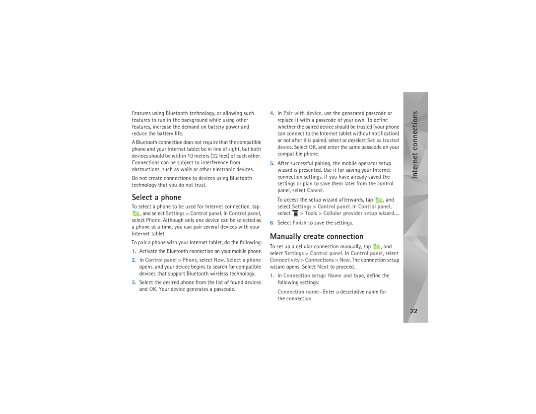 Nokia N810 manual Select a phone, Manually create connection, Internet tablet, Select Finish to save the settings 