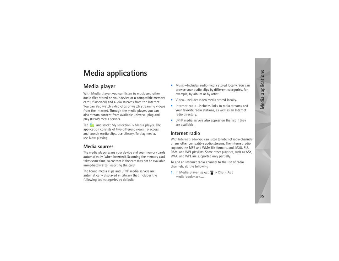 Nokia N810 manual Media applications, Media player, Media sources, Internet radio 