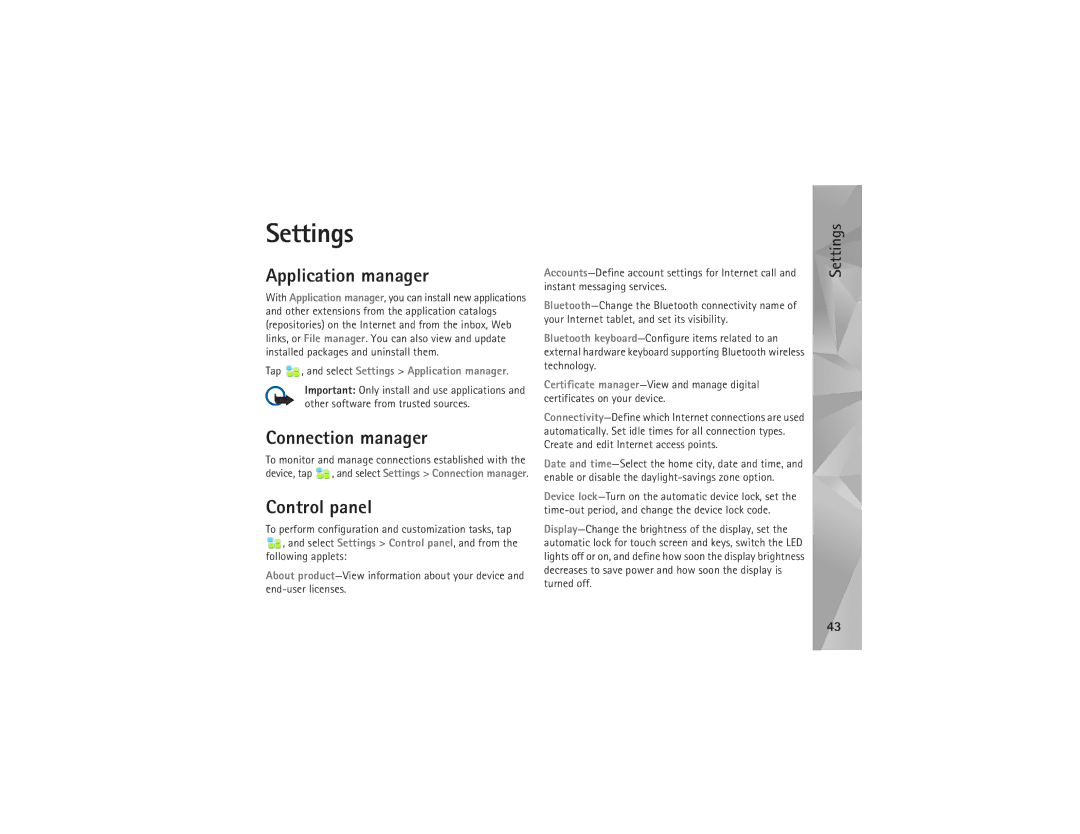 Nokia N810 manual Settings, Application manager, Connection manager, Control panel 