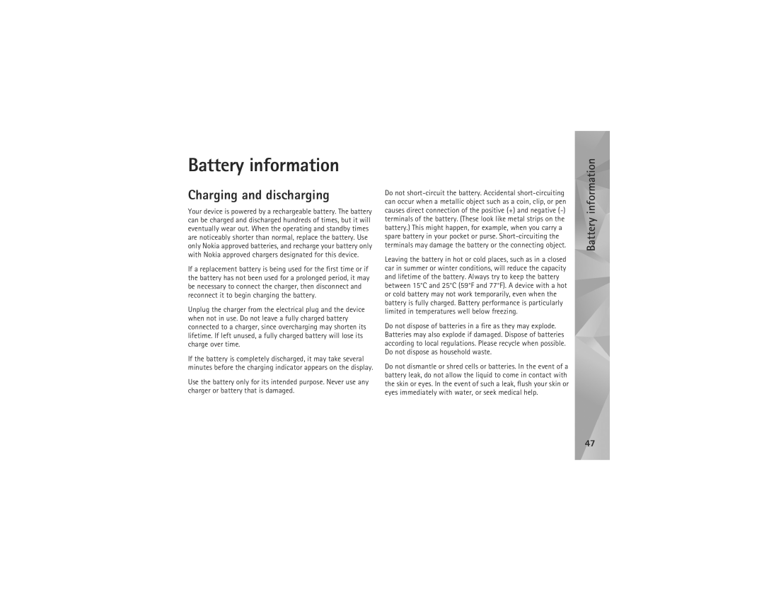 Nokia N810 manual Battery information, Charging and discharging 