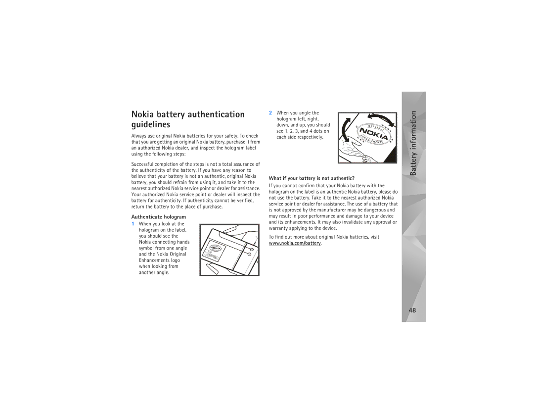 Nokia N810 manual Nokia battery authentication guidelines 