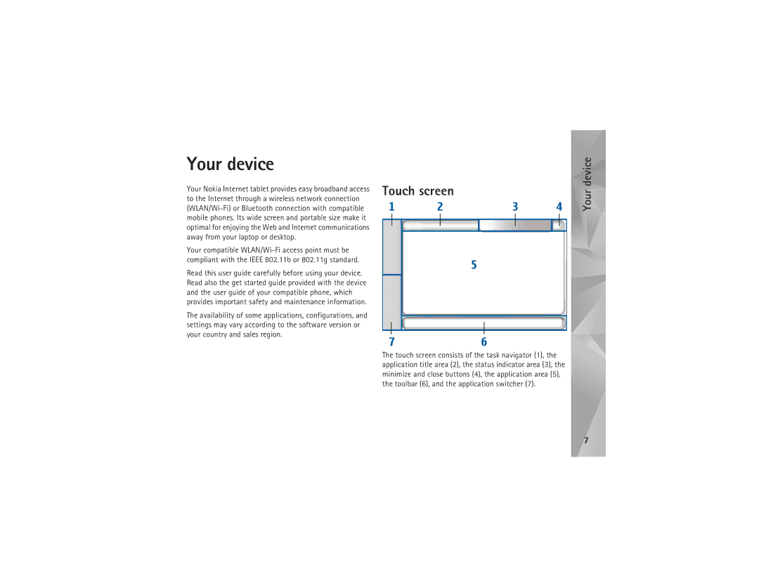 Nokia N810 manual Your device, Touch screen 