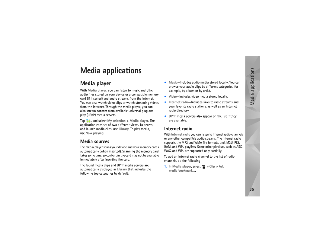 Nokia N810 manual Media applications, Media player, Media sources, Internet radio 