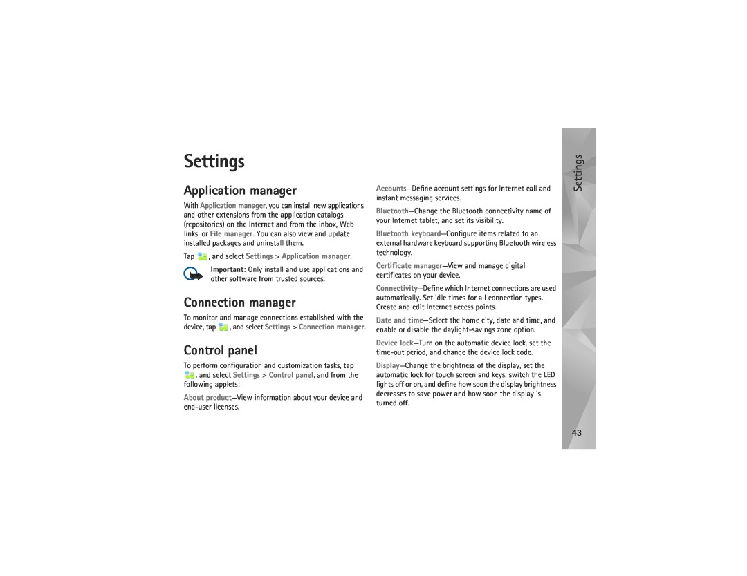Nokia N810 manual Connection manager, Control panel, Tap , and select Settings Application manager 