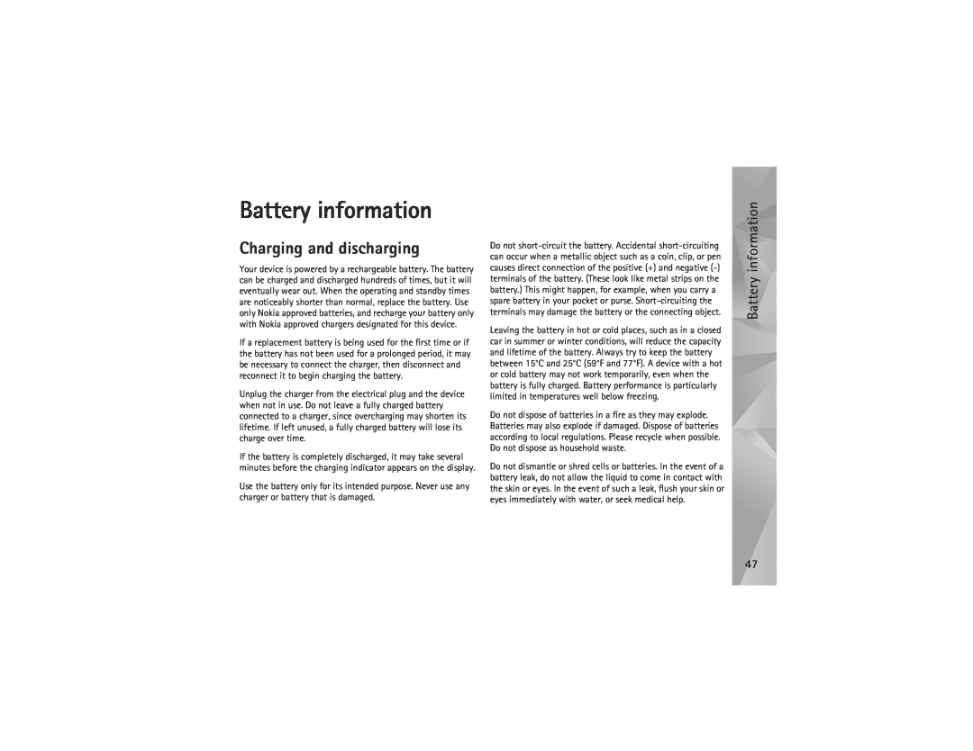 Nokia N810 manual Battery information, Charging and discharging 